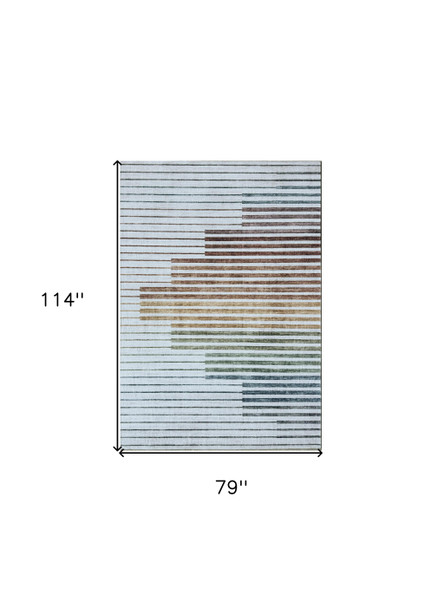 7' X 10' Beige Blue and Brown Striped Area Rug