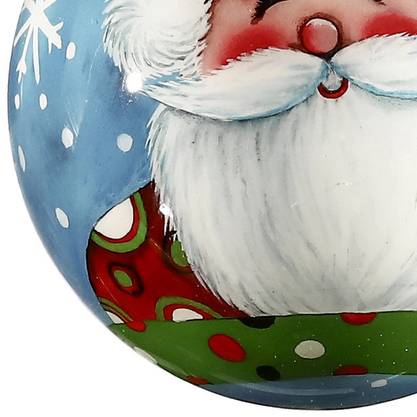 Jolly Holiday Santa Hand Painted Blue White And Red Glass Ball Ornament