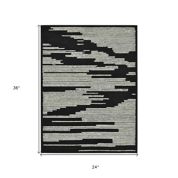 2' X 3' Black And Ivory Wool Abstract Hand Hooked Area Rug