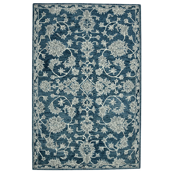 2' X 3' Teal Gray And Ivory Wool Floral Medallion Hand Hooked Area Rug