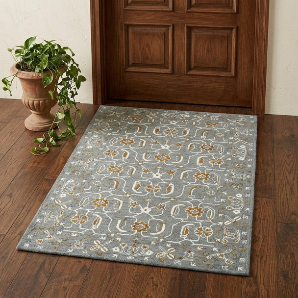 2' X 3' Orange Gray And Ivory Wool Floral Medallion Hand Hooked Area Rug