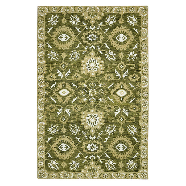 5' X 8' Olive Green Ivory And Light Brown Wool Floral Medallion Hand Hooked Area Rug
