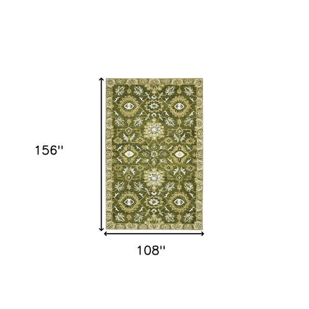 9' X 13' Olive Green Ivory And Light Brown Wool Floral Medallion Hand Hooked Area Rug