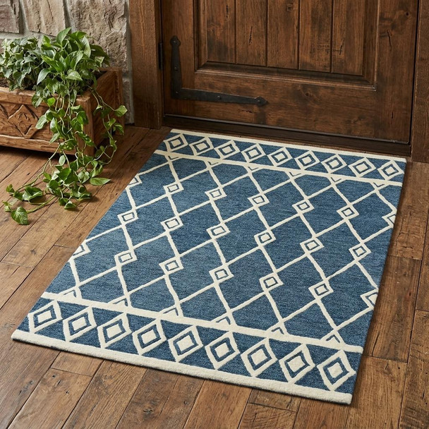2' X 3' Blue And Ivory Wool Argyle Hand Hooked Area Rug