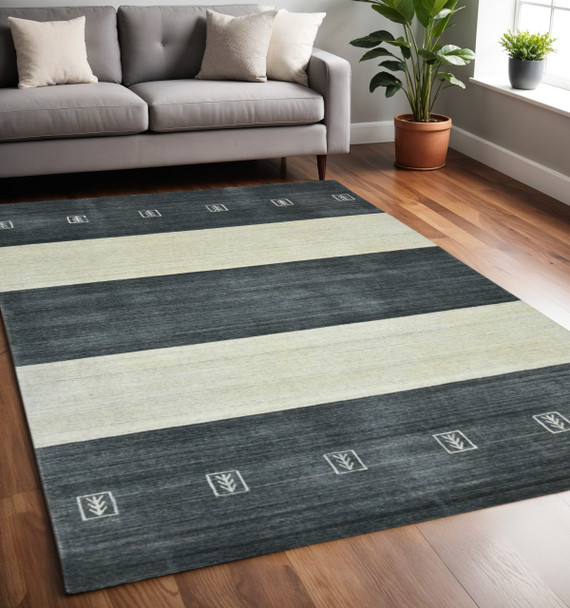 5' X 8' Charcoal And Ivory Wool Striped Hand Woven Area Rug