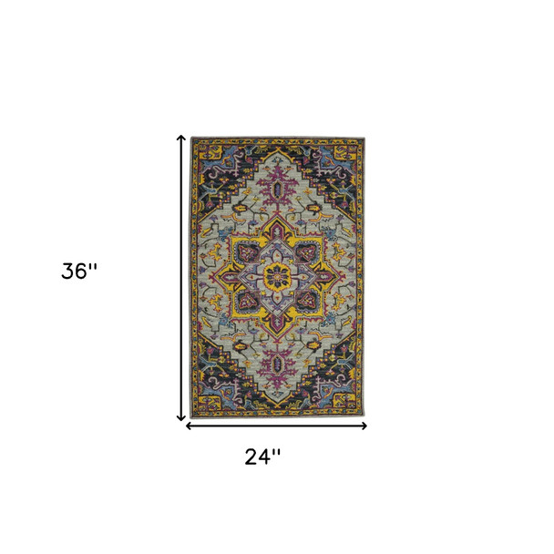 2' X 3' Gray Purple And Gold Wool Medallion Hand Tufted Area Rug