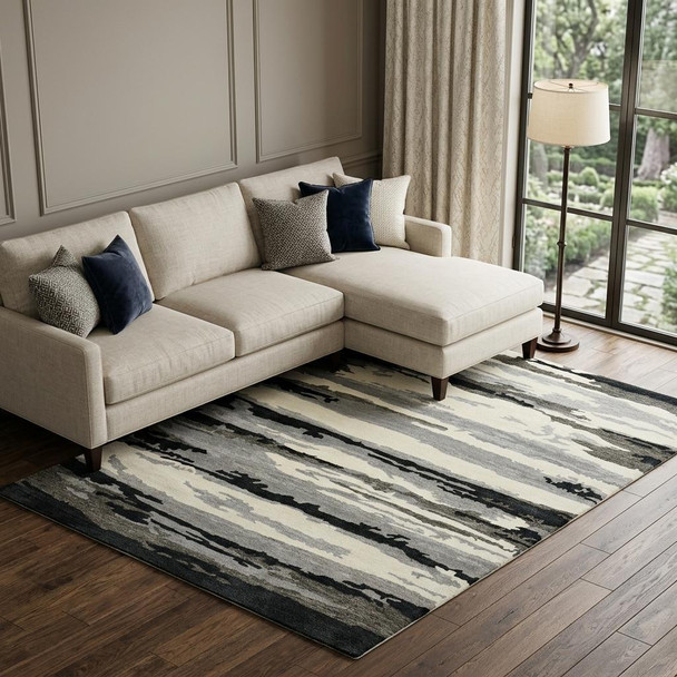 8' X 10' Dark Gray Black And Ivory Wool Abstract Hand Tufted Area Rug