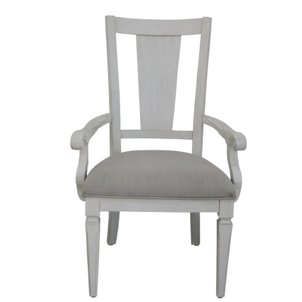 Set of Two Light Gray and White Upholstered Linen And Solid Wood Open Back Dining Arm Chairs