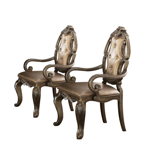 Set of Two Tufted Oak Upholstered Faux Leather And Solid Wood Dining Arm Chairs
