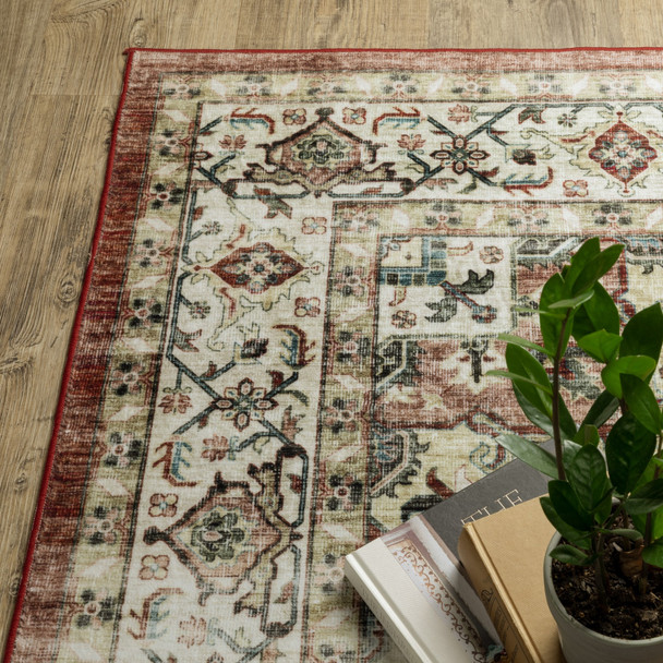 8' X 10' Red And Ivory Oriental Distressed Area Rug