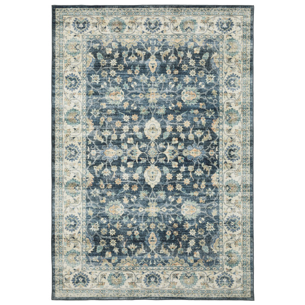 8' X 10' Blue And Ivory Oriental Distressed Area Rug