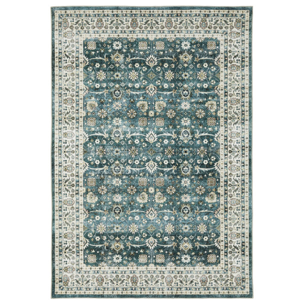 8' X 10' Teal And Ivory Oriental Distressed Area Rug