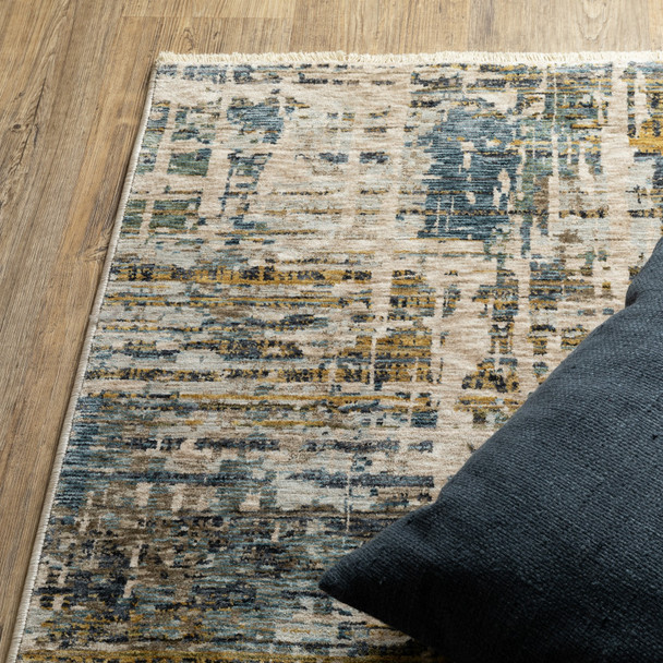 7' X 10' Blue And Gold Abstract Distressed Area Rug With Fringe