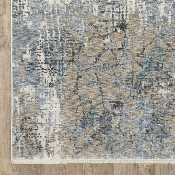5' X 8' Beige And Blue Abstract Distressed Area Rug With Fringe
