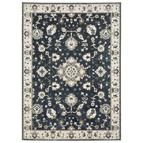 8' X 11' Blue Ivory And Gray Oriental Area Rug