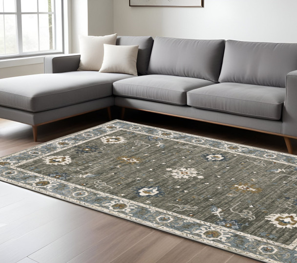 10' X 13' Blue Ivory And Gray Oriental Area Rug