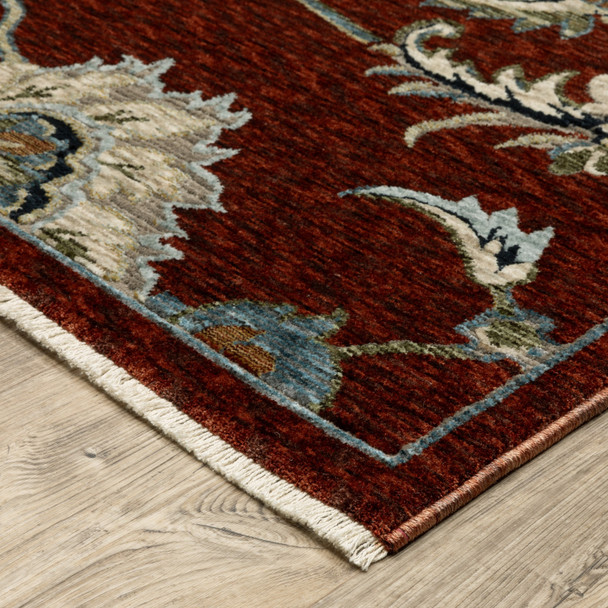 10' X 13' Red Ivory And Teal Oriental Area Rug With Fringe
