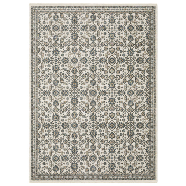 8' X 11' Ivory And Blue Floral Area Rug With Fringe