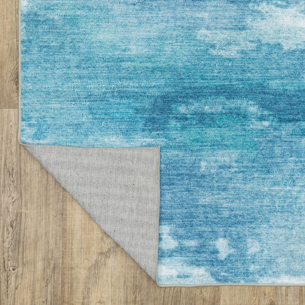 8' Sky Blue And Ivory Abstract Distressed Runner Rug