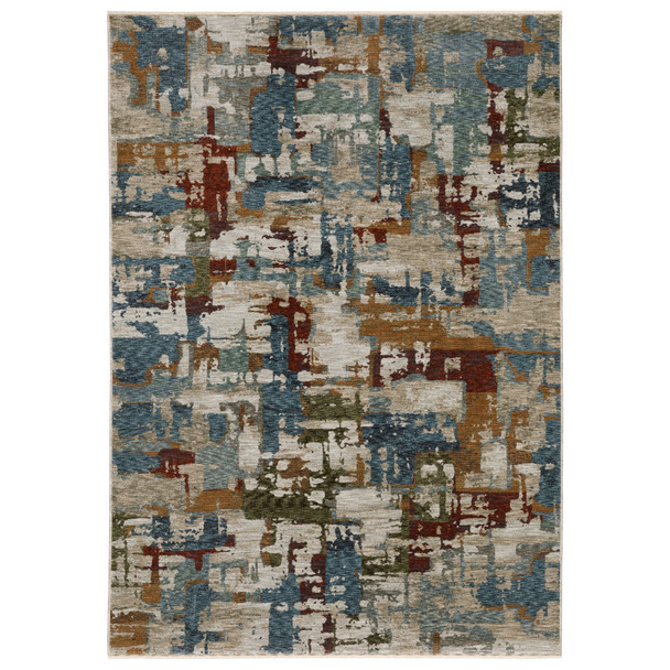3' X 5' Beige Teal And Brown Abstract Area Rug With Fringe