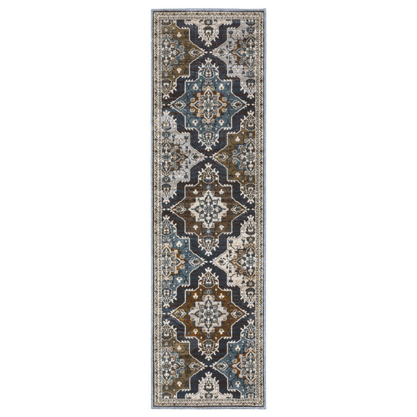 8' Gray And Blue Medallion Runner Rug