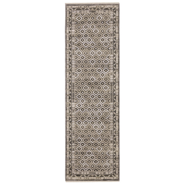 8' Gray And Beige Diamond Runner Rug With Fringe