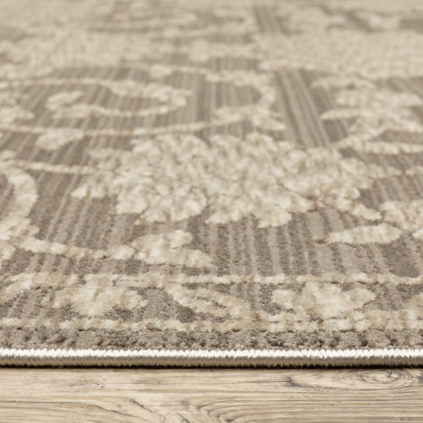 8' Gray And Beige Floral Runner Rug With Fringe