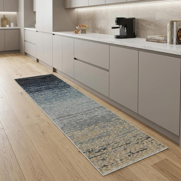 8' Blue And Beige Ombre Runner Rug With Fringe