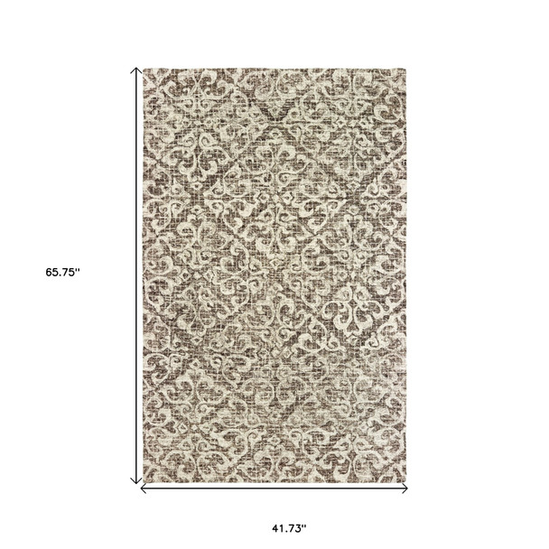 4' X 6' Brown And Ivory Wool Floral Hand Tufted Area Rug
