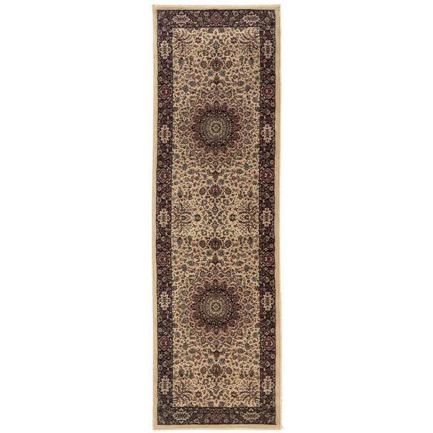 8' Ivory And Black Oriental Runner Rug
