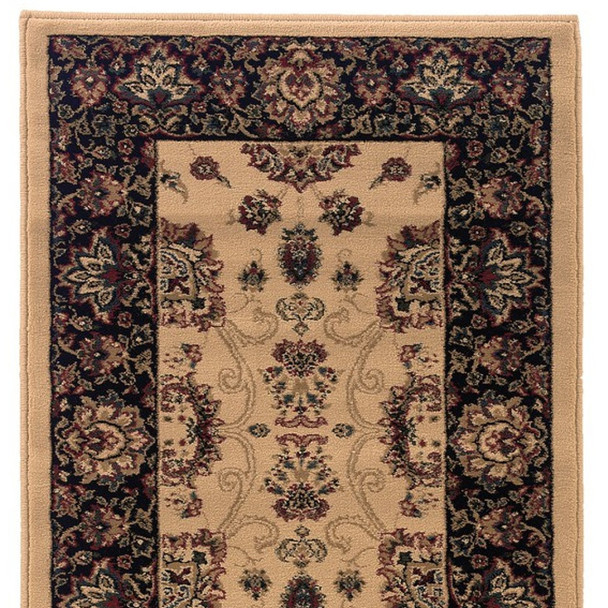 8' Ivory And Black Oriental Runner Rug