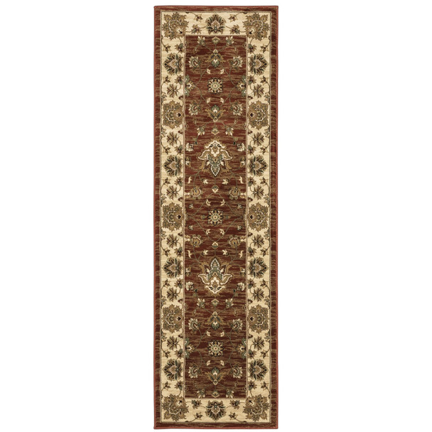 8' Red And Ivory Floral Runner Rug