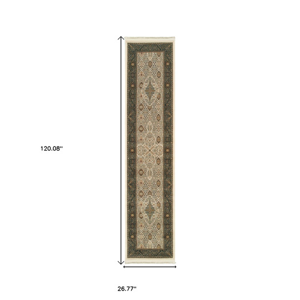10' Ivory And Dark Blue Medallion Runner Rug With Fringe