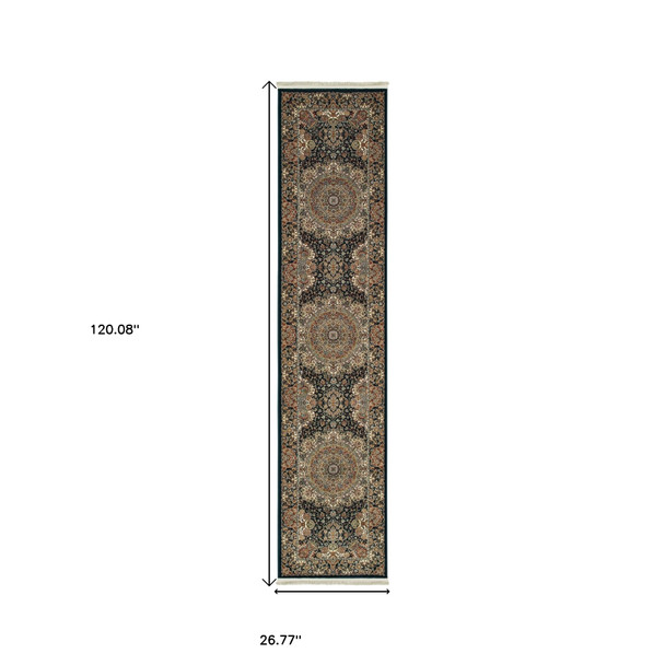 10' Black White And Orange Medallion Runner Rug With Fringe