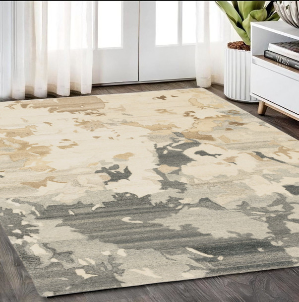 5' X 8' Beige And Charcoal Wool Abstract Hand Tufted Area Rug
