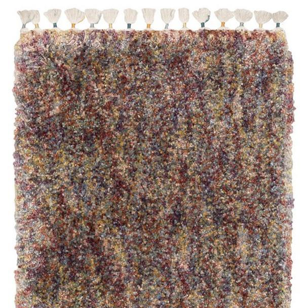 8' Red Orange And Yellow Abstract Shag Runner Rug With Fringe