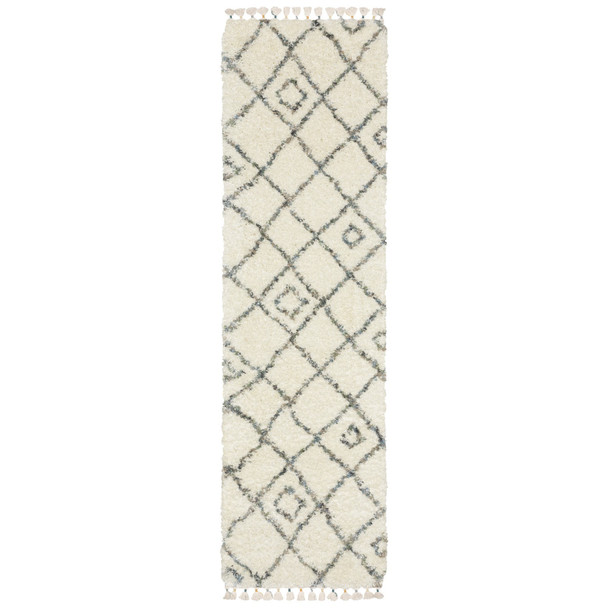 8' Ivory Black And Tan Diamond Shag Runner Rug With Fringe