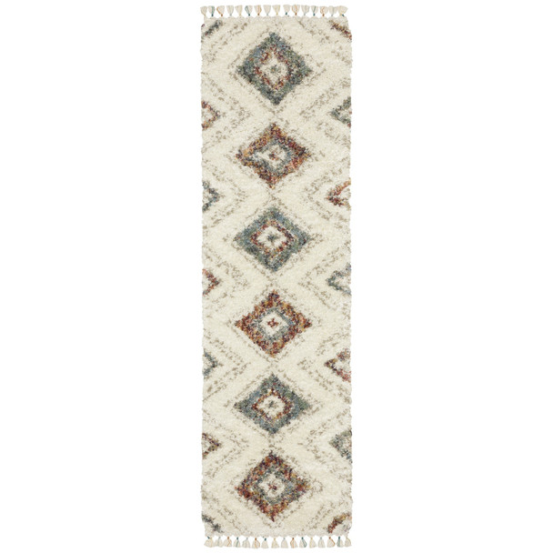 8' Ivory Gray And Red Southwestern Shag Runner Rug With Fringe