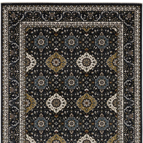 7' X 10' Navy Blue And Gold Medallion Area Rug With Fringe