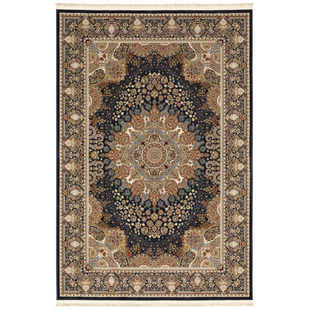 10' X 13' Navy Blue Tan And Ivory Medallion Area Rug With Fringe