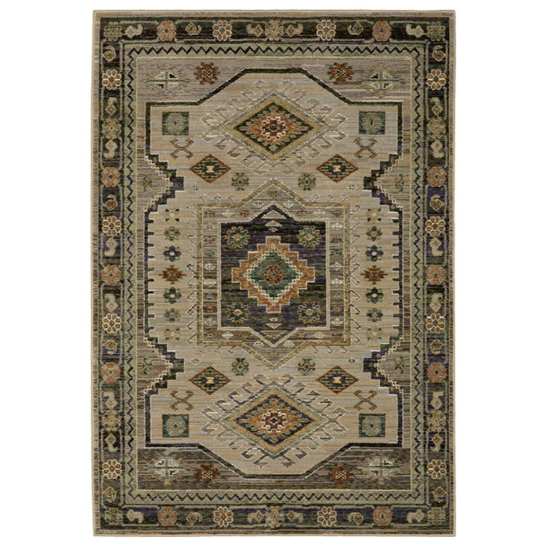 9' X 12' Gray And Green Tribal Area Rug