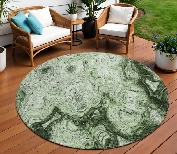 8' Artichoke Green And Emerald Round Abstract Washable Indoor Outdoor Area Rug