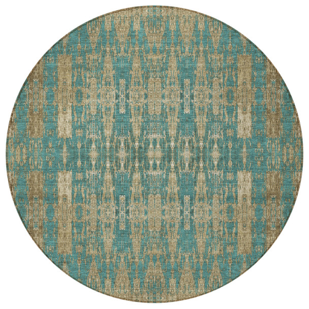 8' Teal Blue Taupe And Beige Round Moroccan Washable Indoor Outdoor Area Rug