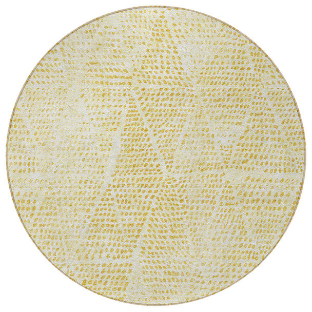 8' Wheat Gold And Ivory Round Geometric Washable Indoor Outdoor Area Rug