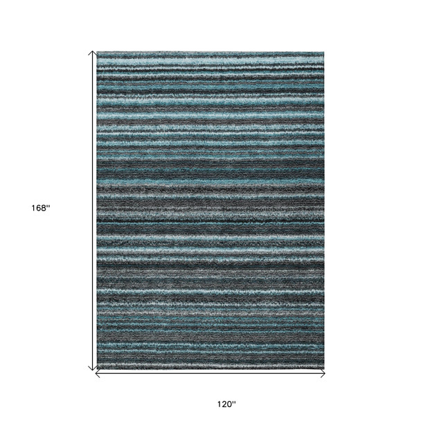 10' X 14' Teal Blue Sky Blue And Gray Striped Washable Indoor Outdoor Area Rug