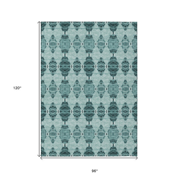 8' X 10' Teal Blue Aqua And Charcoal Moroccan Washable Indoor Outdoor Area Rug