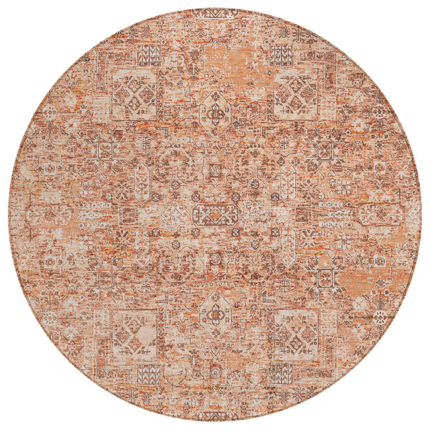 8' Salmon Orange And Gray Round Floral Washable Indoor Outdoor Area Rug