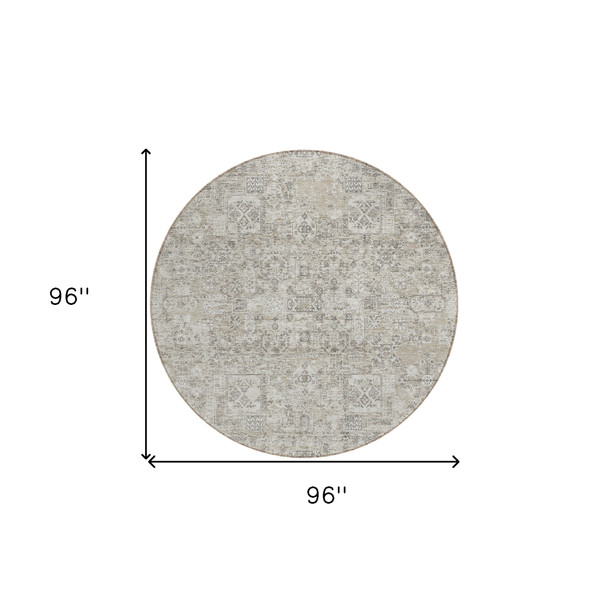 8' Taupe Beige And Gray Round Floral Washable Indoor Outdoor Area Rug