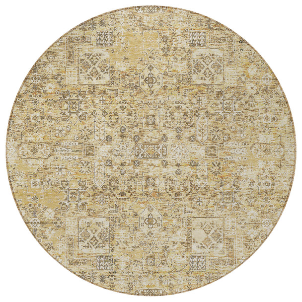 8' Wheat Beige And Gray Round Floral Washable Indoor Outdoor Area Rug