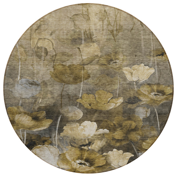 8' Taupe Beige And Tan Round Floral Washable Indoor Outdoor Area Rug